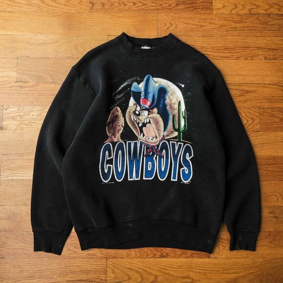 1993 Vintage Dallas Cowboys NFL Taz Looney Tunes Retro Sweatshirt Salem‎ L Black - Picture 1 of 9